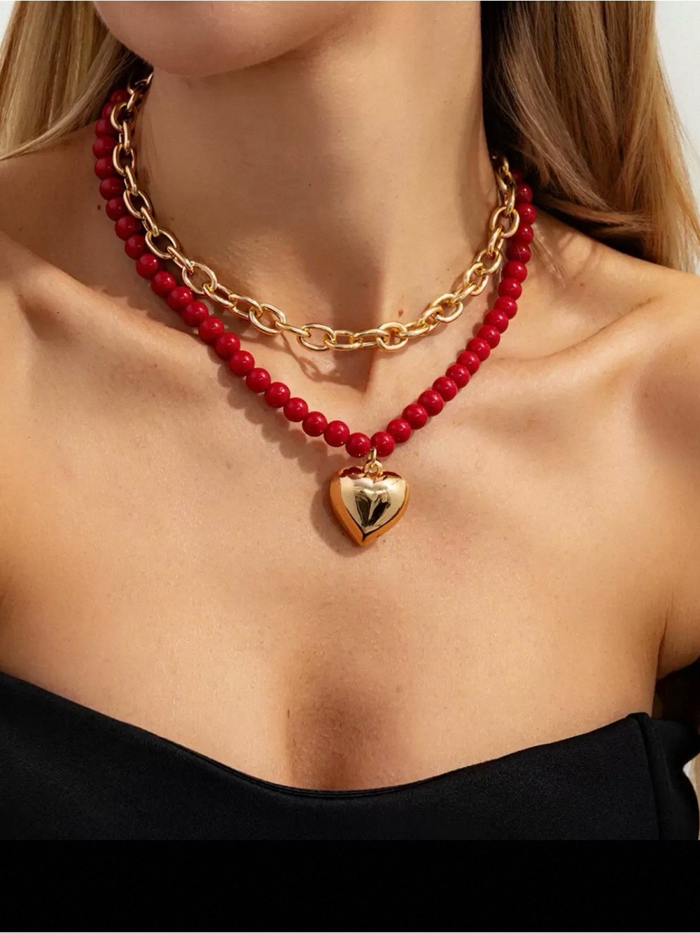 🌟Burgundy Beaded & Gold Chain Layered Necklace Set ✨